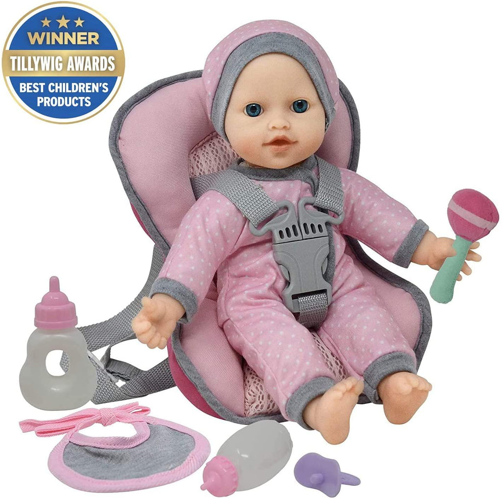 Doll Car Seat Carrier Backpack with 12 Inch Soft Body Doll Includes Doll Bottles and Toy Accessories (Caucasian) - TheToysRoom
