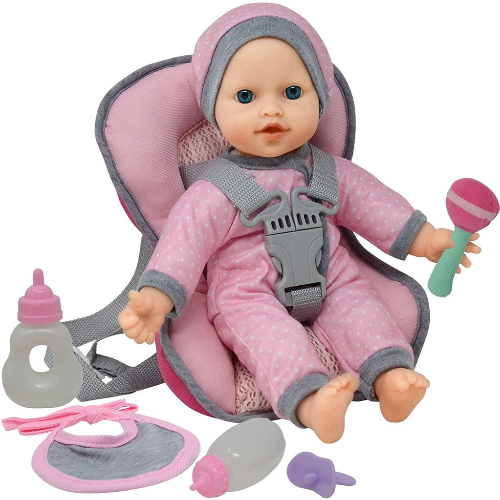 Doll Car Seat Carrier Backpack with 12 Inch Soft Body Doll Includes Doll Bottles and Toy Accessories (Caucasian) - TheToysRoom