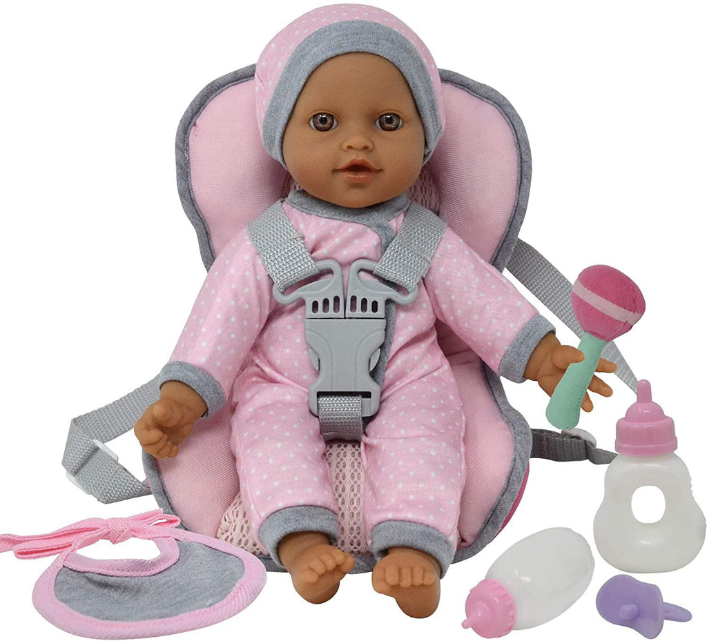 Doll Car Seat Carrier Backpack with 12 Inch Soft Body Doll Includes Doll Bottles and Toy Accessories (Hispanic) - TheToysRoom