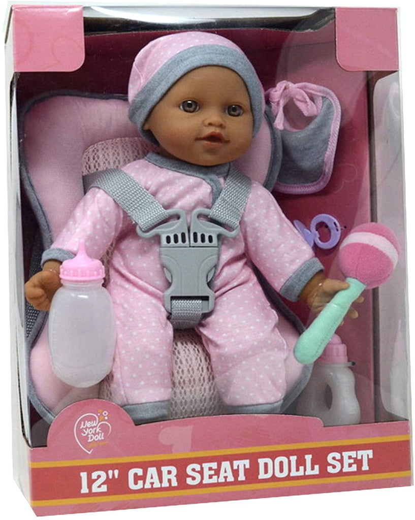 Doll Car Seat Carrier Backpack with 12 Inch Soft Body Doll Includes Doll Bottles and Toy Accessories (Hispanic) - TheToysRoom
